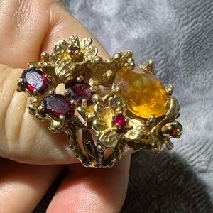Vintage 10k Gold Cocktail Ring with Yellow Topaz & Garnets and/or Rubies?